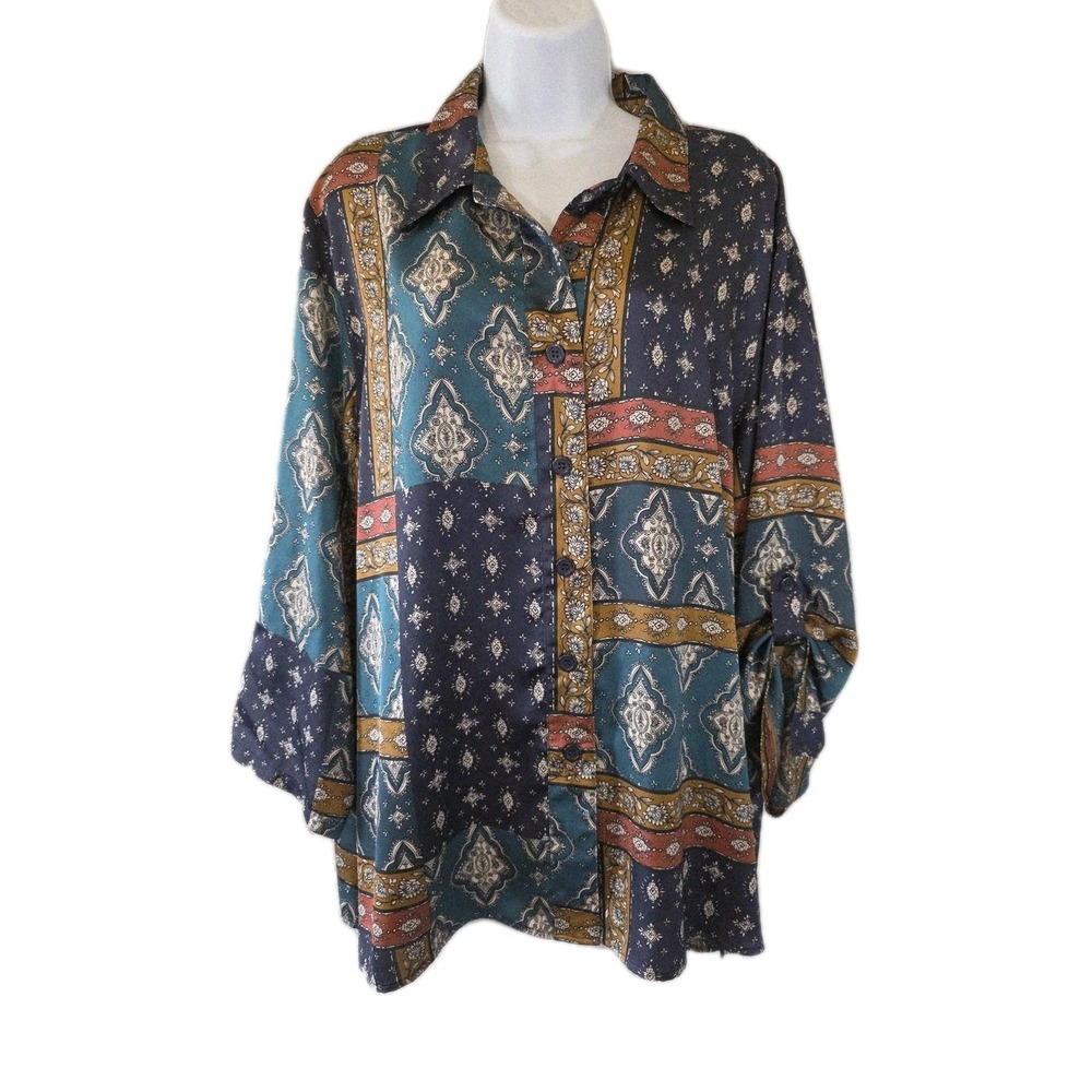 Drapers & Damons Blouse Womens 1X Navy Button Front Paisley Patchwork Art Career